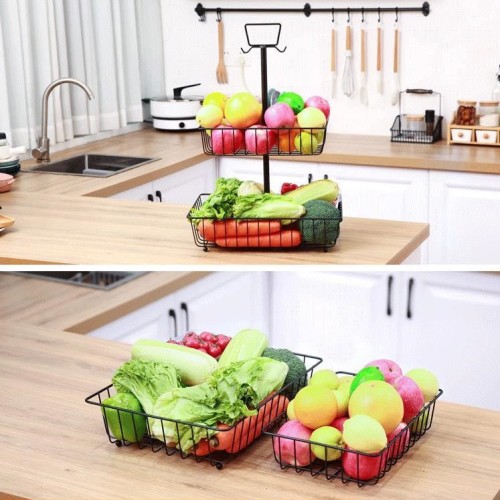 Detachable iron kitchen bread fruit and vegetable storage basket 2 layers with banana hook storage rack custom